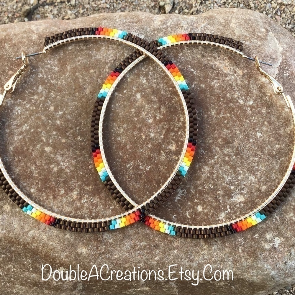 Chocolate Brown Beaded Hoops, New, Handmade by Me - Picture 2 of 6